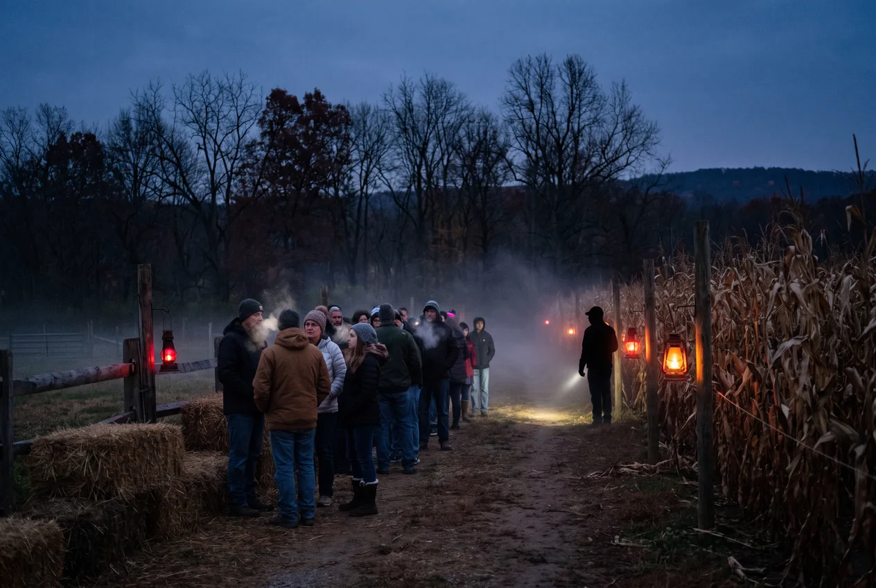 Costumed visitors waiting at night at the edge of a dry cornfield and a wooded hillside, fog drifting across a farm path under red and orange light