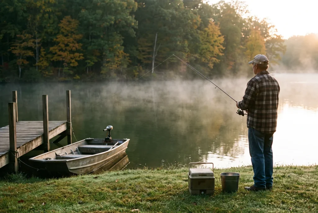 An angler on the wooded bank of a still conservation-area lake near St. Charles, Missouri, at sunrise, rod in hand, mist on the water